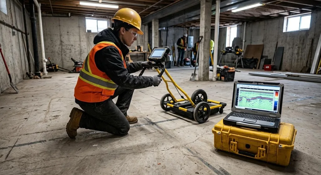 A GPR technician scanning a concrete slab before drilling - the device maps hidden objects in real time without breaking the surface