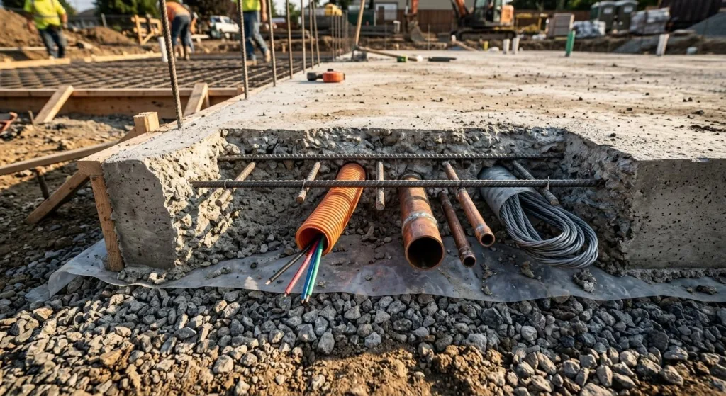 A cross-section of a typical residential concrete slab reveals rebar, electrical conduit, and plumbing lines that are invisible from the surface