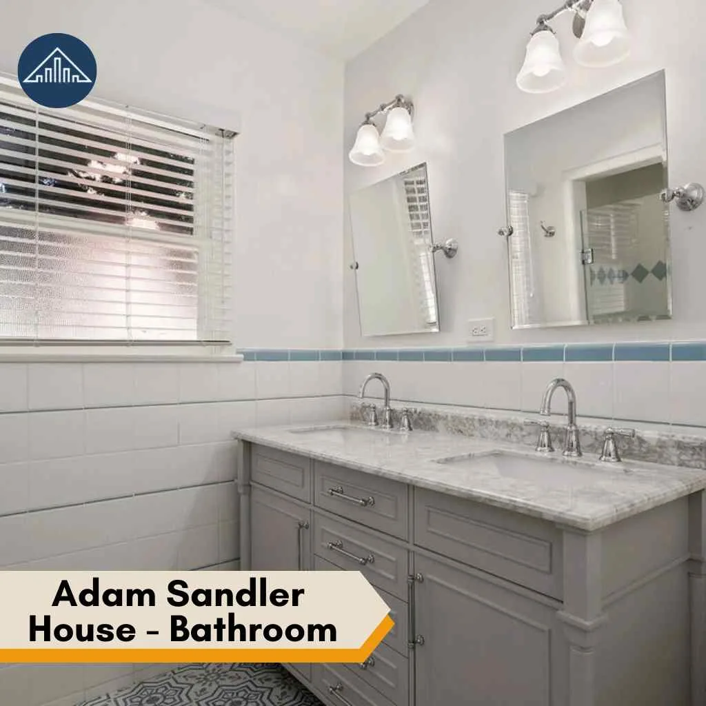 Adam Sandler House: Tour to Comedian Pacific Palisades Mansion 6 Modern bathroom with double vanity and mirrors, similar in style to an Adam Sandler house.