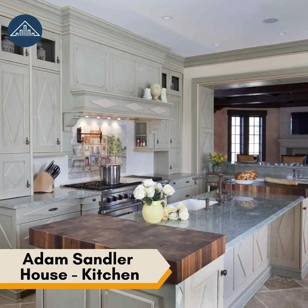 Adam Sandler House: Tour to Comedian Pacific Palisades Mansion 5 Elegant kitchen with marble countertops and custom cabinetry, reminiscent of a classic Adam Sandler house.