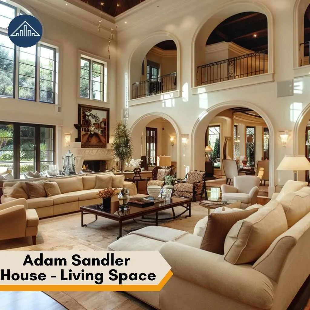 Adam Sandler House: Tour to Comedian Pacific Palisades Mansion 4 Grand living space with arched entryways and neutral seating, embodying the luxury of an Adam Sandler house.