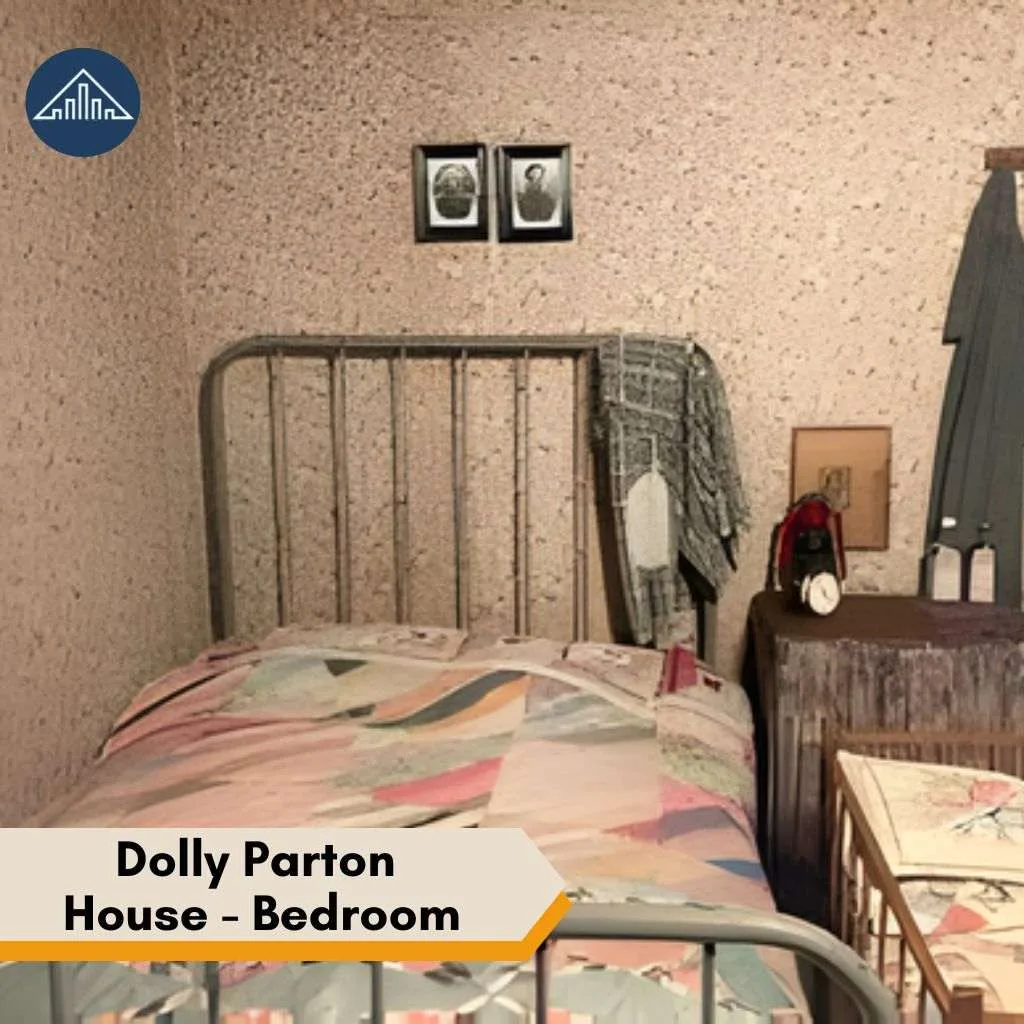 A rustic bedroom with a metal bed frame and colorful quilt inside the Dolly Parton House.