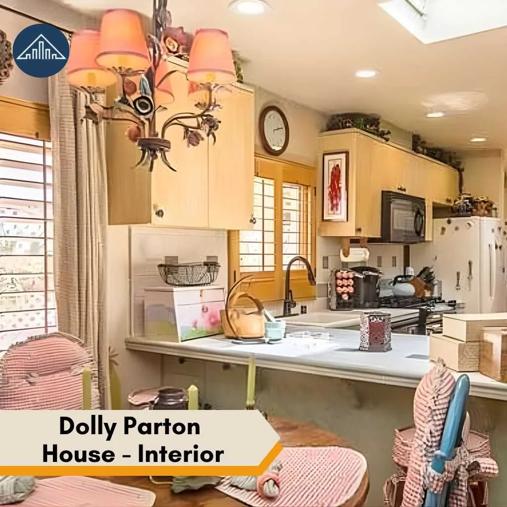 A warm kitchen with yellow cabinets and floral light fixtures inside the cozy Dolly Parton House.