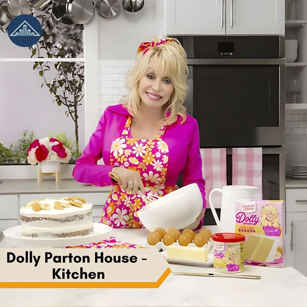 Dolly Parton stands in a bright kitchen with baking supplies inside the iconic Dolly Parton House.