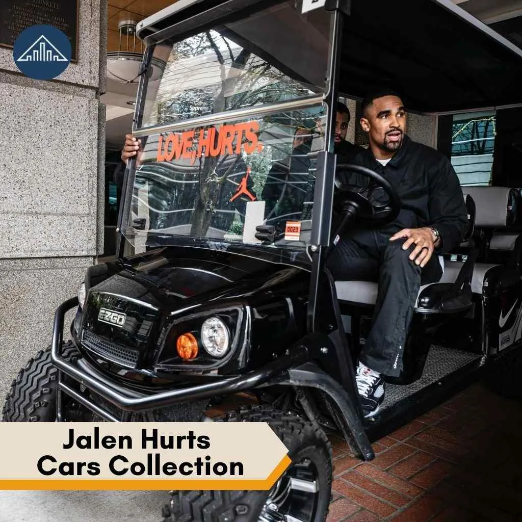 
Jalen Hurts sits in a custom black golf cart, a unique addition to the Jalen Hurts cars collection.