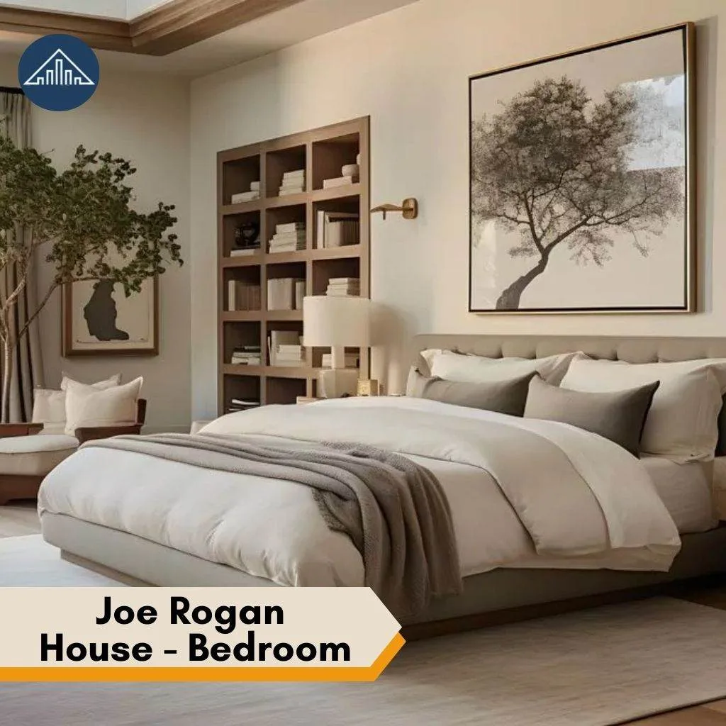 A serene, neutral-toned bedroom inside the Joe Rogan House featuring a large bed and tree artwork.