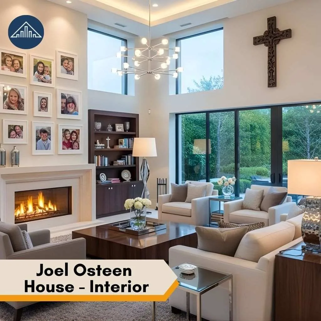 Modern living room with a fireplace and large windows showcasing a luxurious Joel Osteen House.