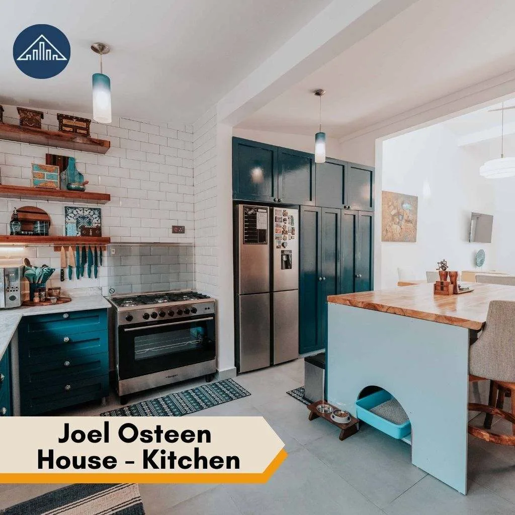 Modern kitchen with teal cabinets and wood shelves, titled as part of a Joel Osteen House.