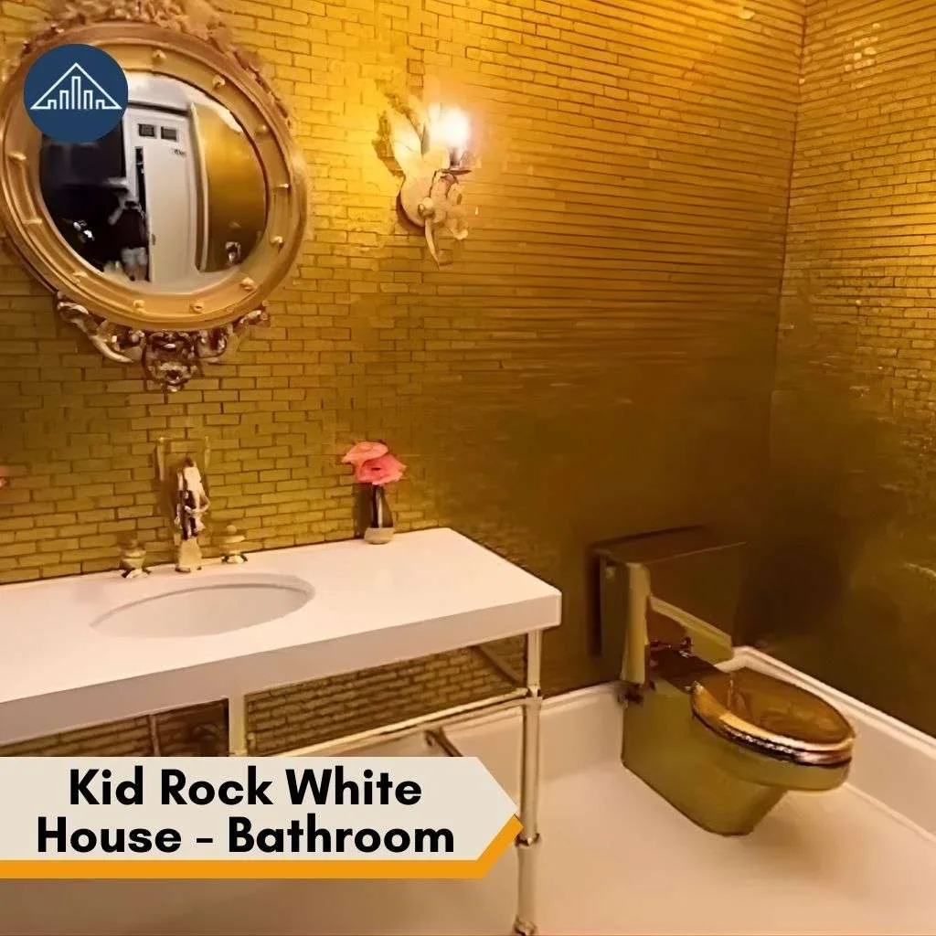 A luxurious gold-themed bathroom featuring a golden toilet and ornate mirror inside Kid Rock White House.