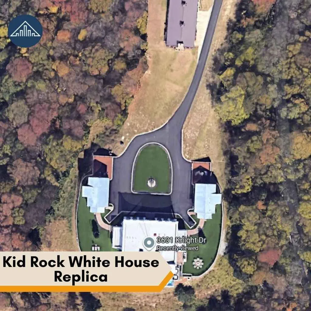 Aerial satellite view of the Nashville property featuring the unique Kid Rock White House replica.