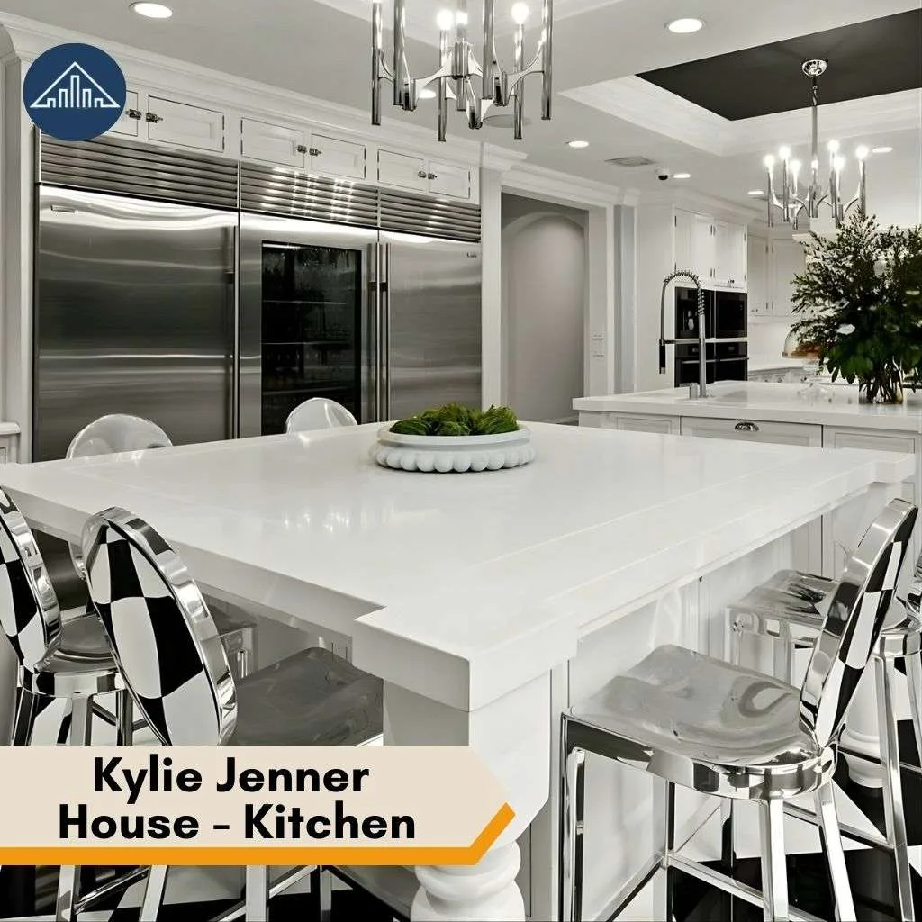 Modern kitchen within the Kylie Jenner House featuring white marble islands and checkered silver bar stools.