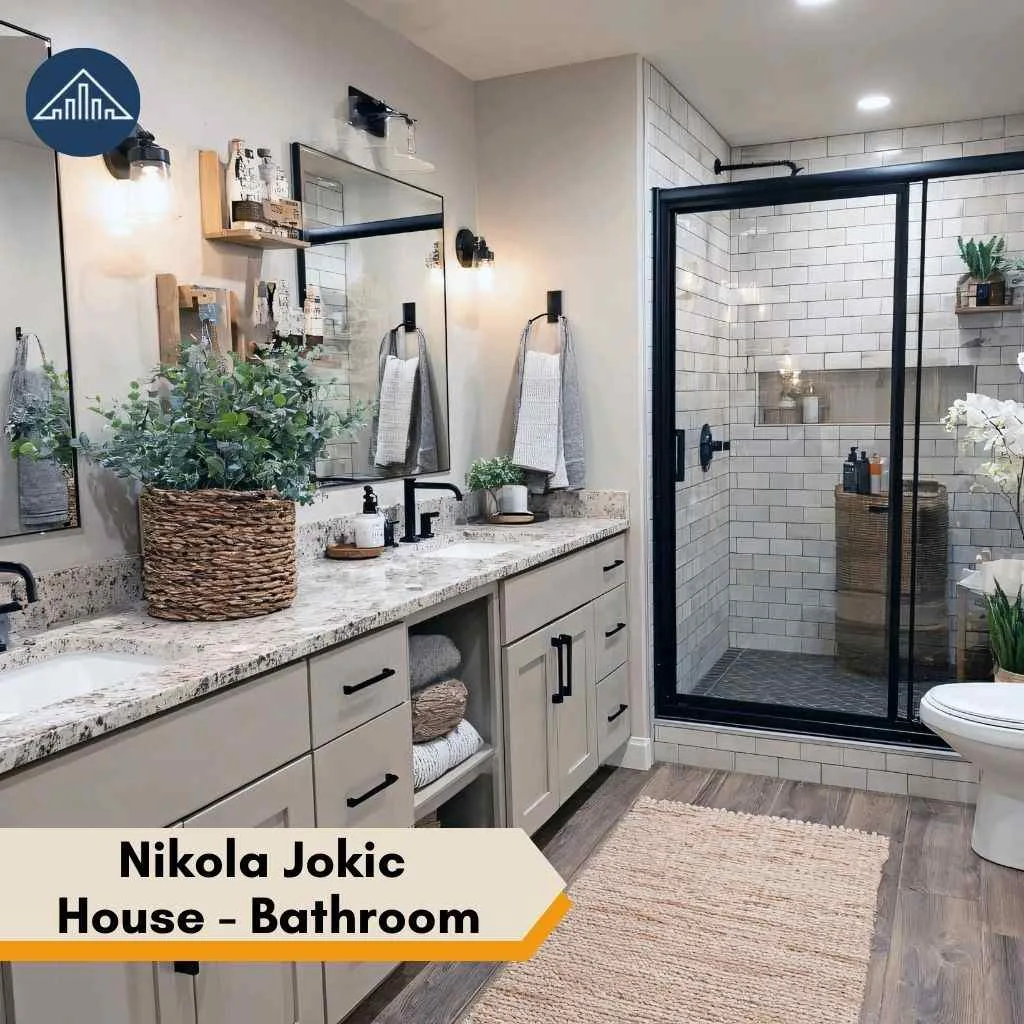 Modern bathroom with double vanity, granite counters, and subway tile shower inside the Nikola Jokic house.