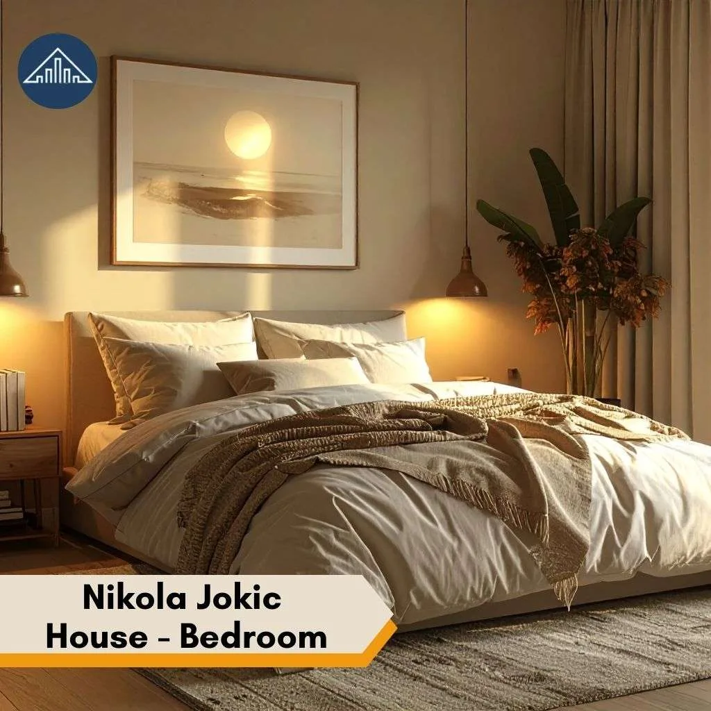 A cozy, sunlit bedroom featuring neutral tones and warm lighting within the beautiful Nikola Jokic house.