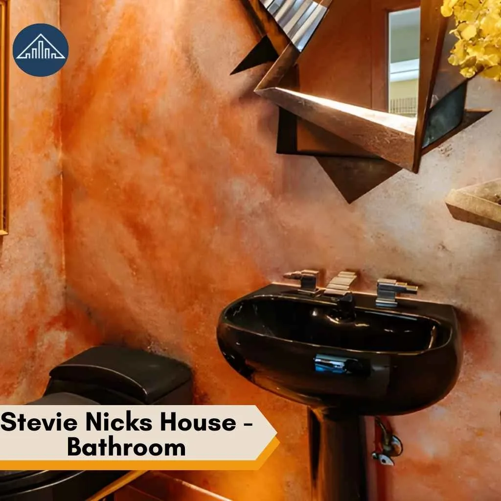 A modern black sink and textured walls define the unique interior design of Stevie Nicks House.