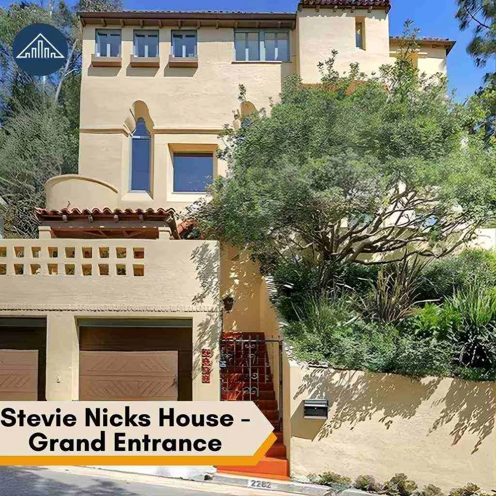 The exterior of the Stevie Nicks House features a Mediterranean style design with a grand entrance.