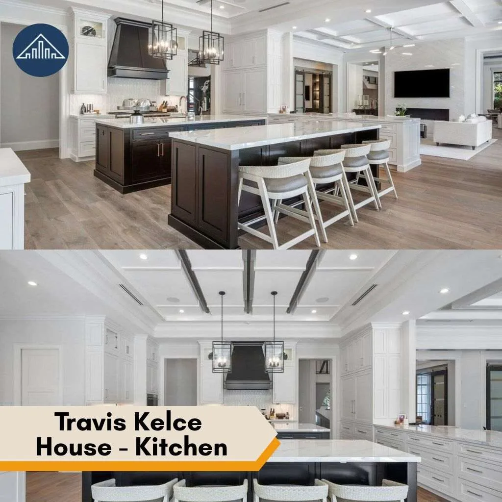 Travis Kelce House: Inside His Leawood, Kansas House 5 Modern kitchen with dual islands and marble countertops inside the elegant and spacious Travis Kelce House.