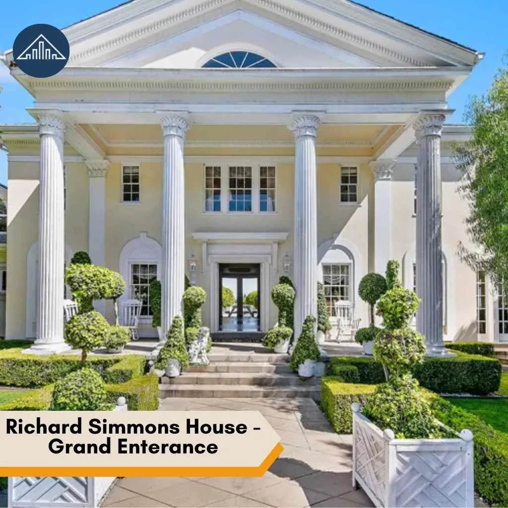 The grand entrance of the Richard Simmons House features towering white columns and elegant manicured landscaping.
