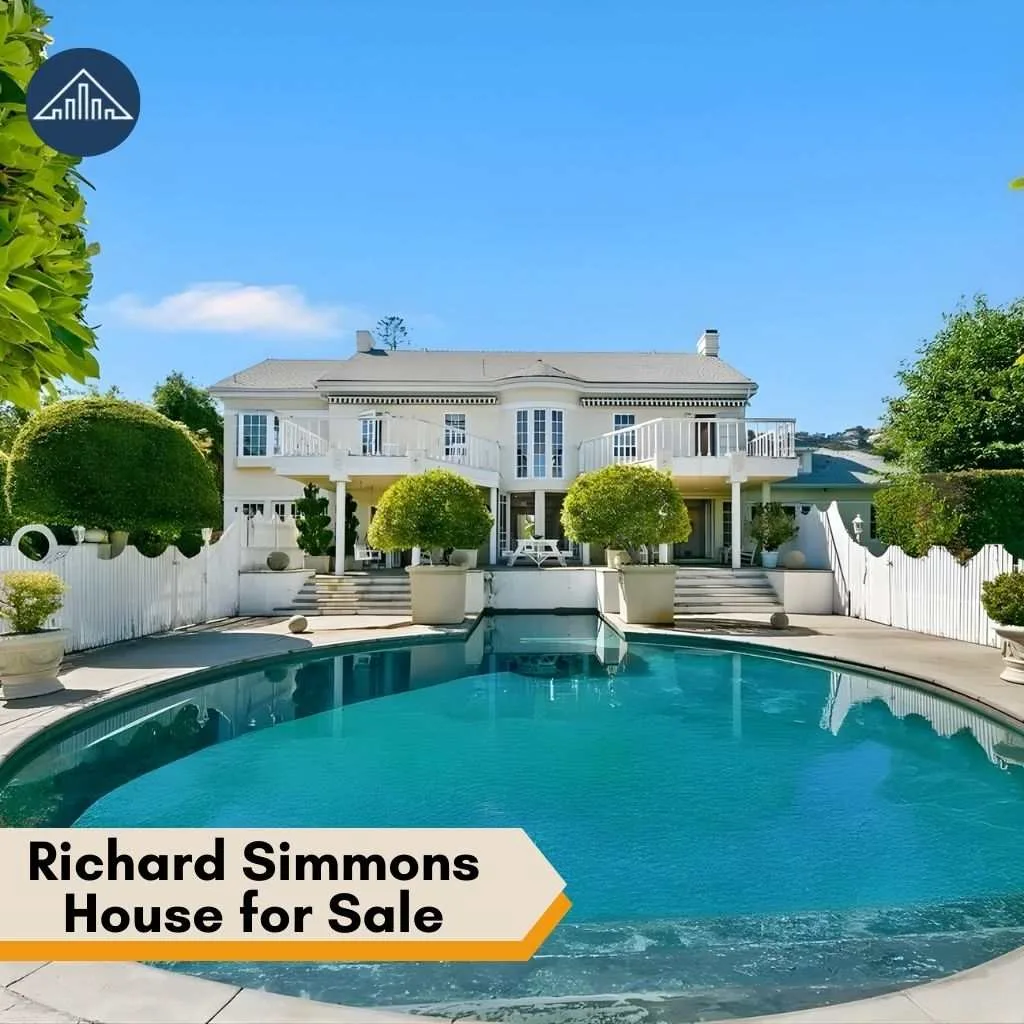 Exterior view of the Richard Simmons House showing a sparkling swimming pool and luxury white mansion.