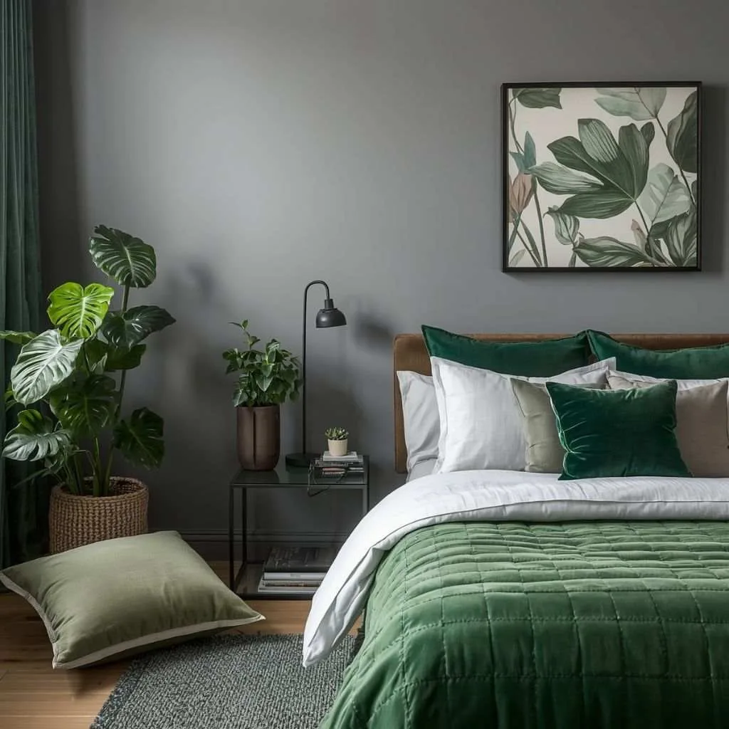 15 Grey Bedroom Ideas to Transform Your Space 13 Grey and Green Botanical Escape