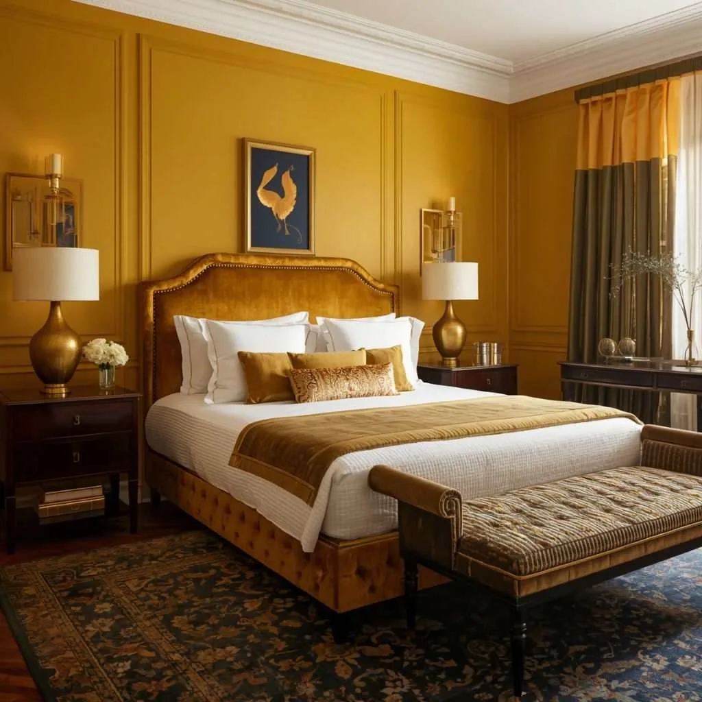 15 Yellow Bedroom Interior Design Ideas to Brighten Your Space 5 Golden Yellow Luxe Bedroom with Velvet Touches
