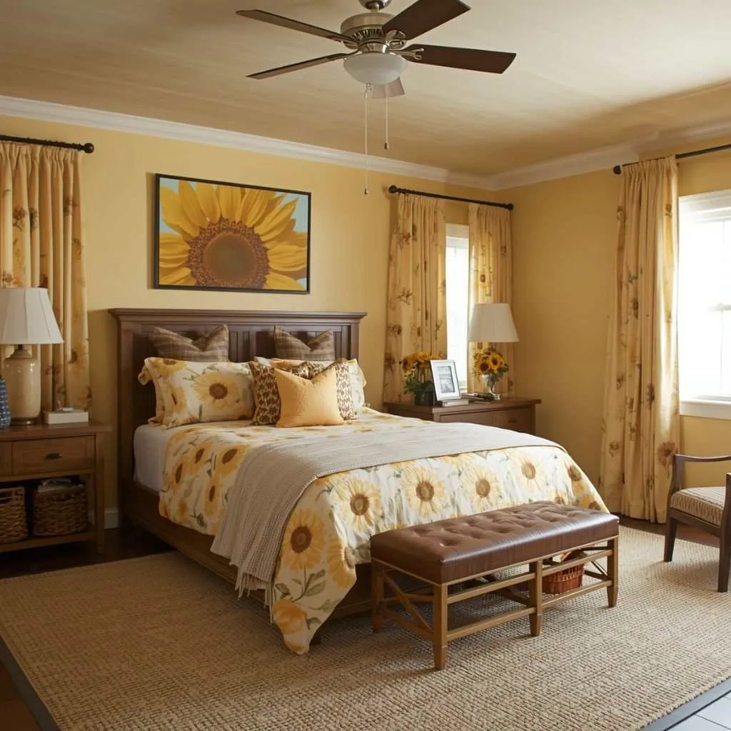 15 Yellow Bedroom Interior Design Ideas to Brighten Your Space 9 Sunflower-Themed Bedroom for Nature Lovers