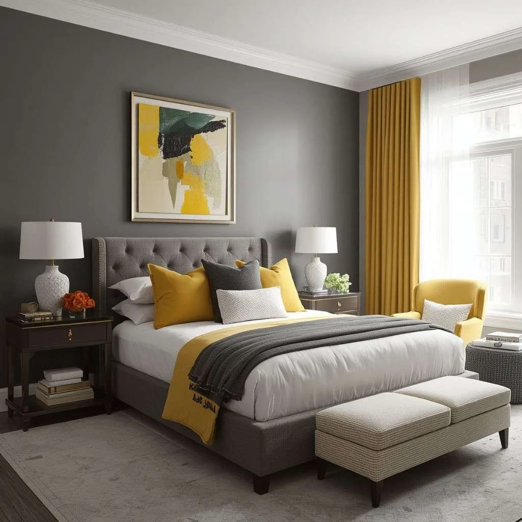 15 Yellow Bedroom Interior Design Ideas to Brighten Your Space 8 Yellow and Grey Bedroom for Modern Sophistication