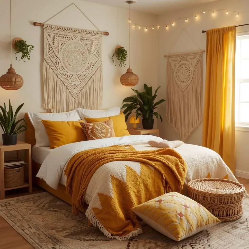 15 Yellow Bedroom Interior Design Ideas to Brighten Your Space 6 Yellow Bohemian Bedroom with Layered Textures