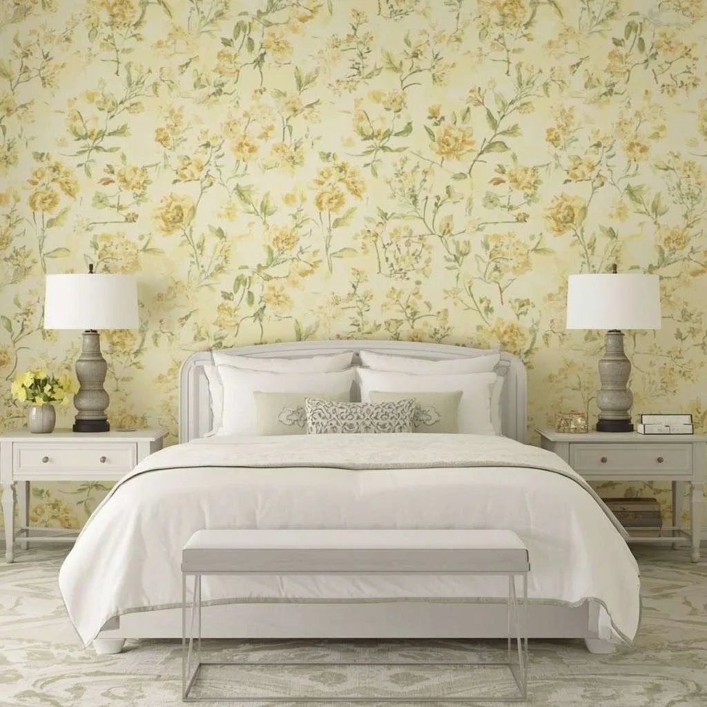 15 Yellow Bedroom Interior Design Ideas to Brighten Your Space 11 Yellow Floral Wallpaper for a Romantic Touch