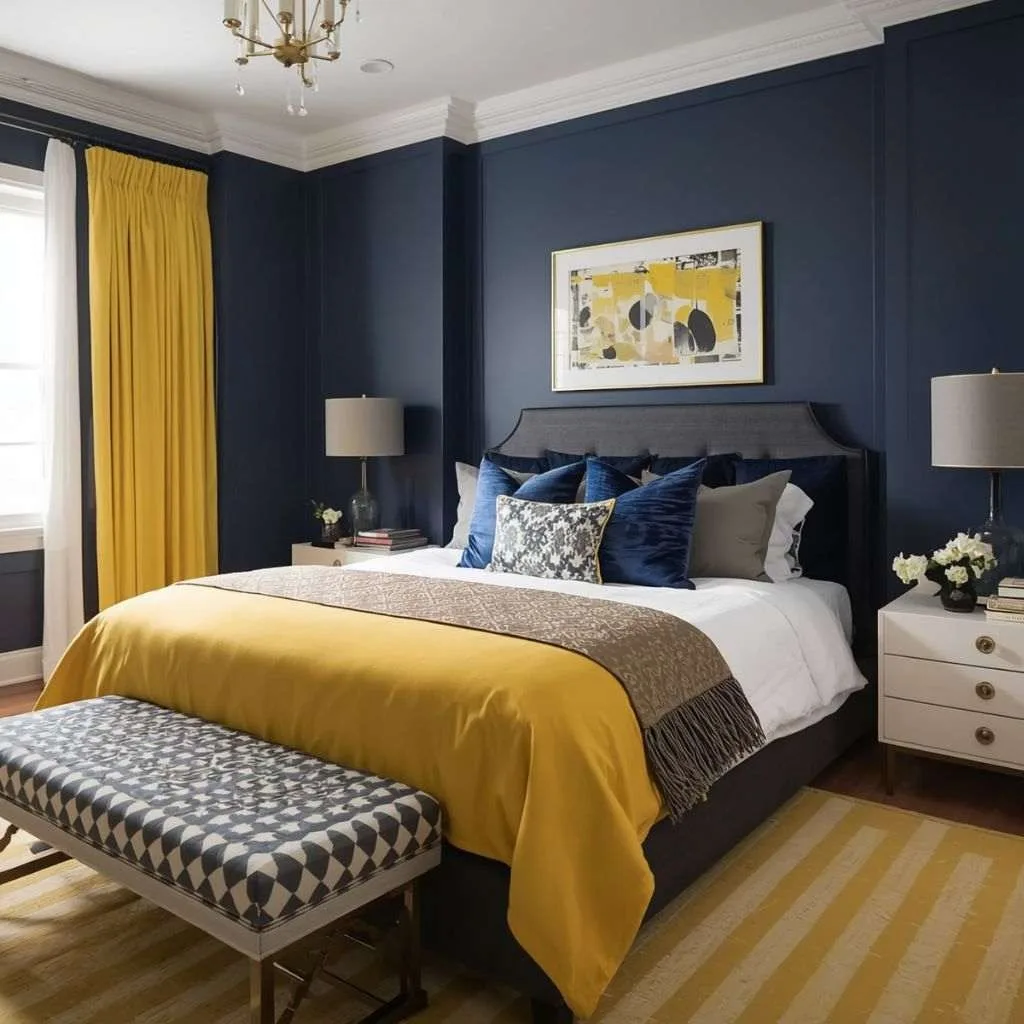 15 Yellow Bedroom Interior Design Ideas to Brighten Your Space 14 Yellow and Navy Blue Bedroom for a Bold Contrast