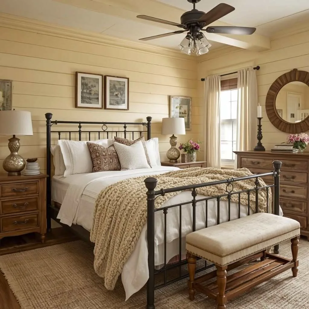 15 Yellow Bedroom Interior Design Ideas to Brighten Your Space 12 Rustic Yellow Farmhouse Bedroom with Warm Wood Tones