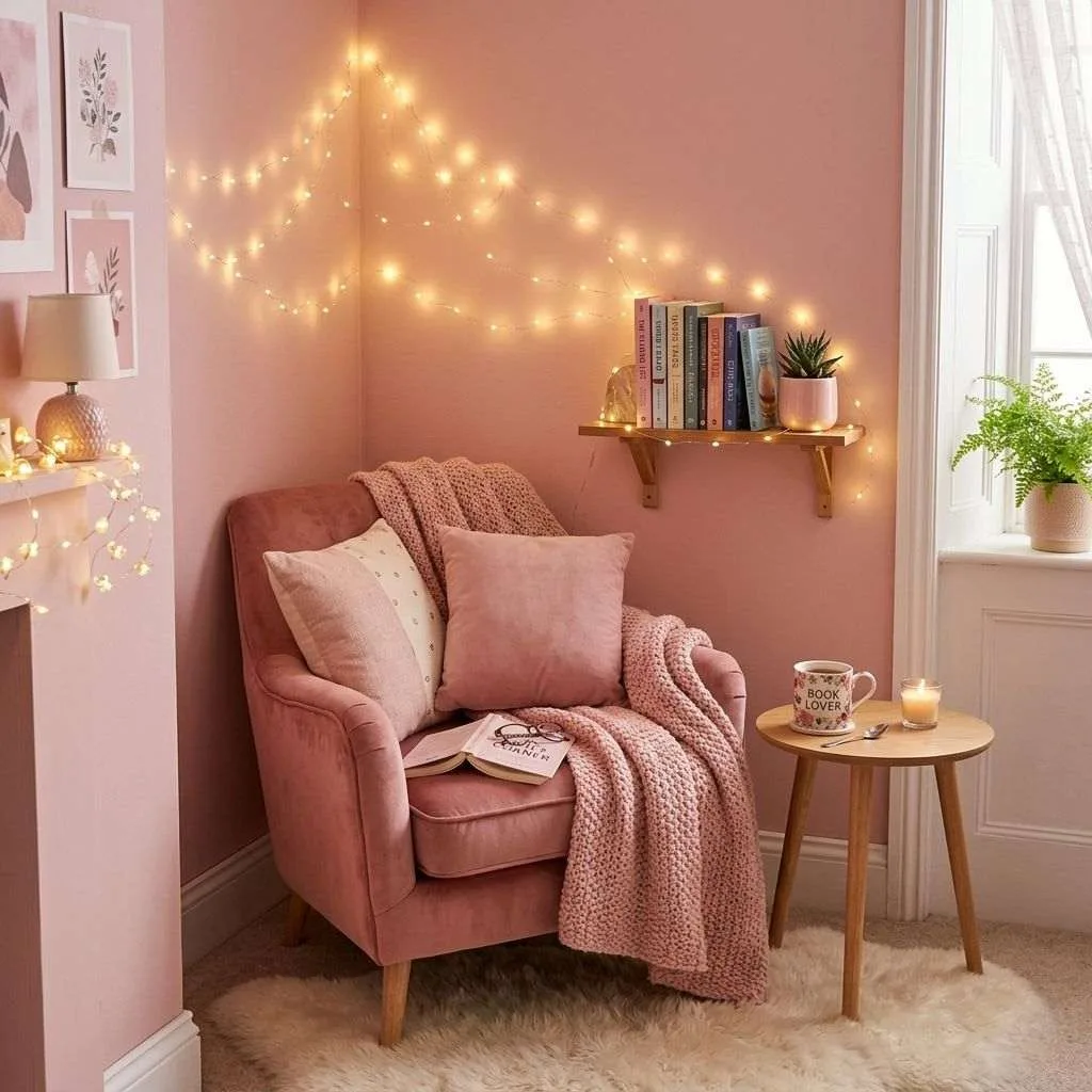 15 Feminine Women Bedroom Ideas to Transform Your Space 9 Cozy Reading Nook with Fairy Lights
