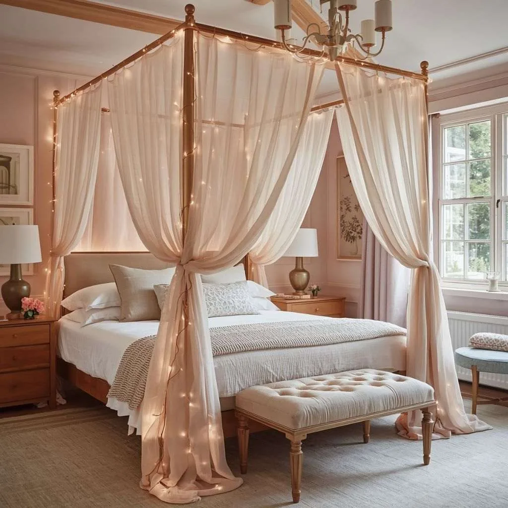 15 Feminine Women Bedroom Ideas to Transform Your Space 2 Dreamy Canopy Bed with Flowing Curtains
