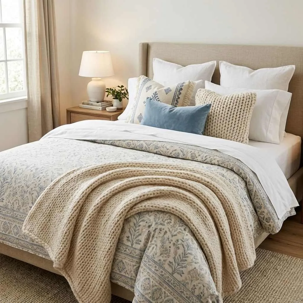 15 Feminine Women Bedroom Ideas to Transform Your Space 6 Layered Bedding with Textures and Patterns