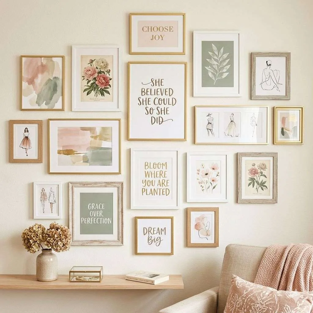 15 Feminine Women Bedroom Ideas to Transform Your Space 5 Gallery Wall of Feminine Prints and Artwork