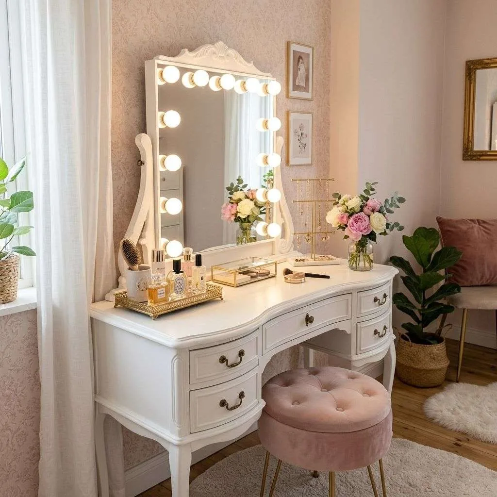 15 Feminine Women Bedroom Ideas to Transform Your Space 7 Vanity Corner with Hollywood Mirror