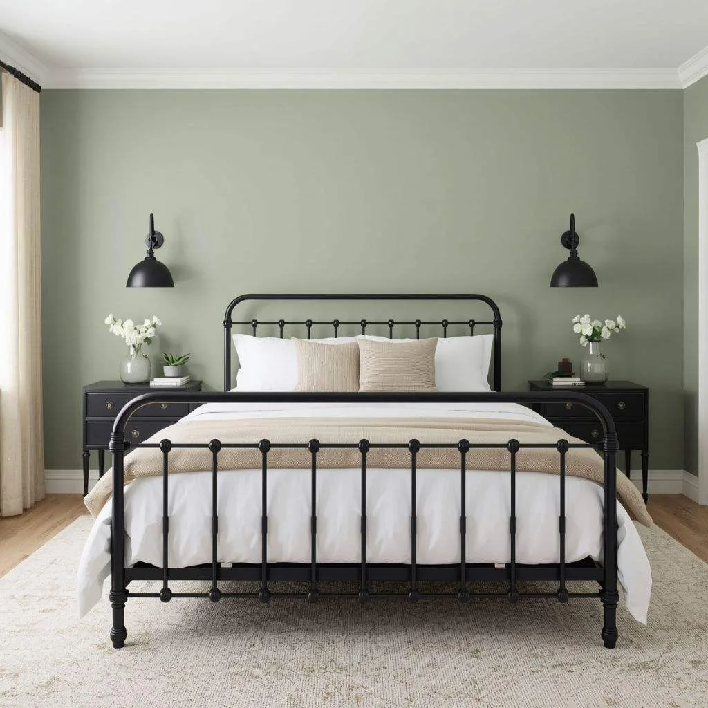 16 Green and Black Bedroom Ideas to Transform Your Space 3 Sage Green Walls with Black Steel Bed Frame