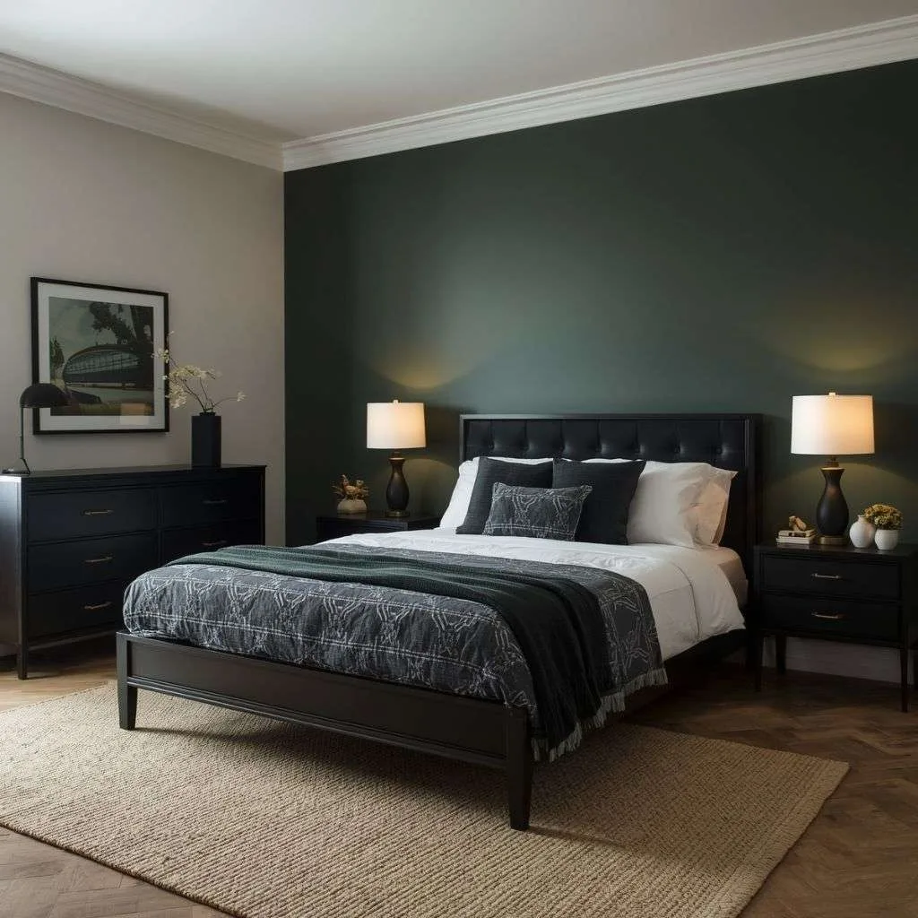 16 Green and Black Bedroom Ideas to Transform Your Space 2 Dark Forest Accent Wall with Black Furniture
