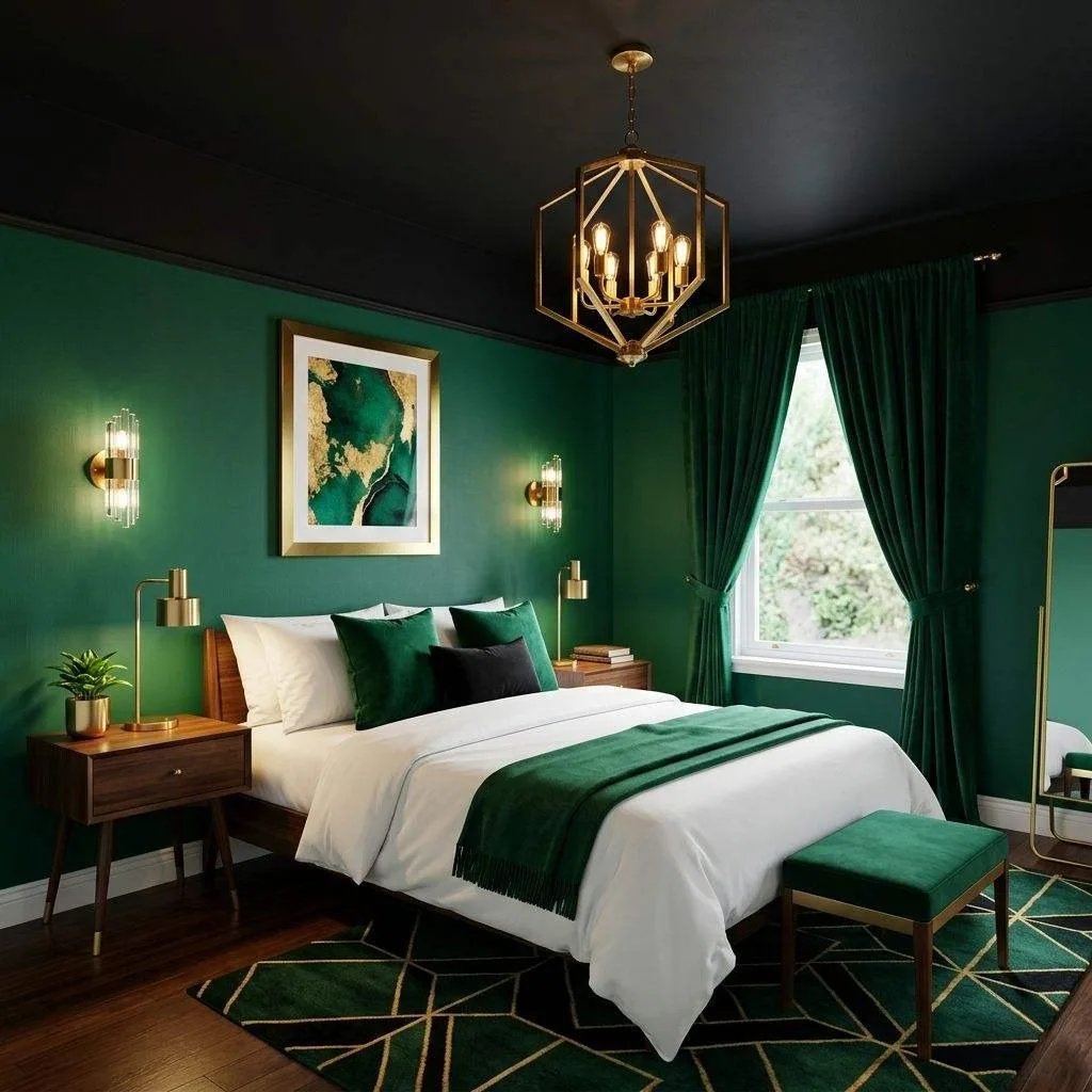 16 Green and Black Bedroom Ideas to Transform Your Space 4 Black Ceiling with Emerald Green Walls