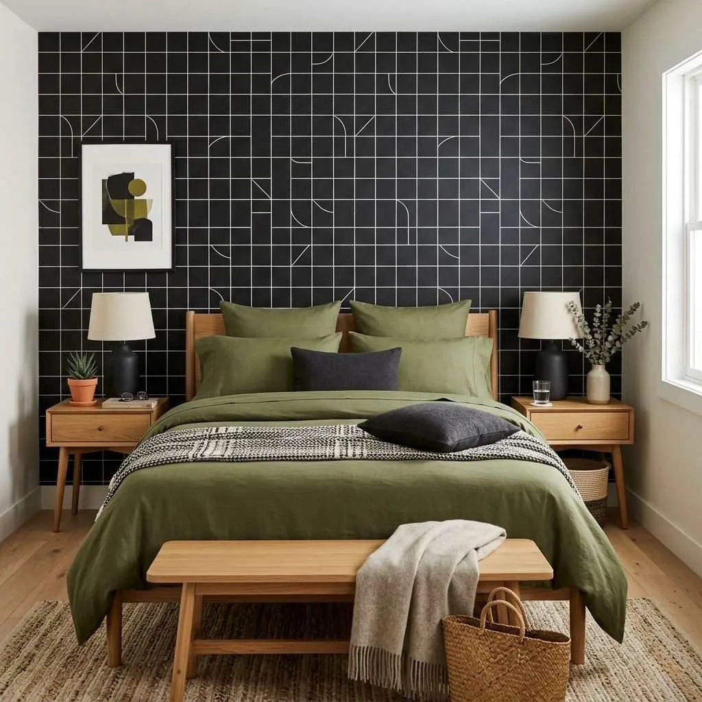 16 Green and Black Bedroom Ideas to Transform Your Space 5 Olive Green Bedding with Black Geometric Wallpaper