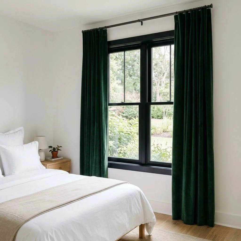 16 Green and Black Bedroom Ideas to Transform Your Space 10 Hunter Green Curtains with Black Window Frames