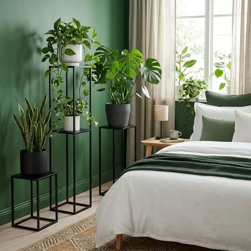 16 Green and Black Bedroom Ideas to Transform Your Space 7 Jungle-Inspired Green with Black Plant Stands