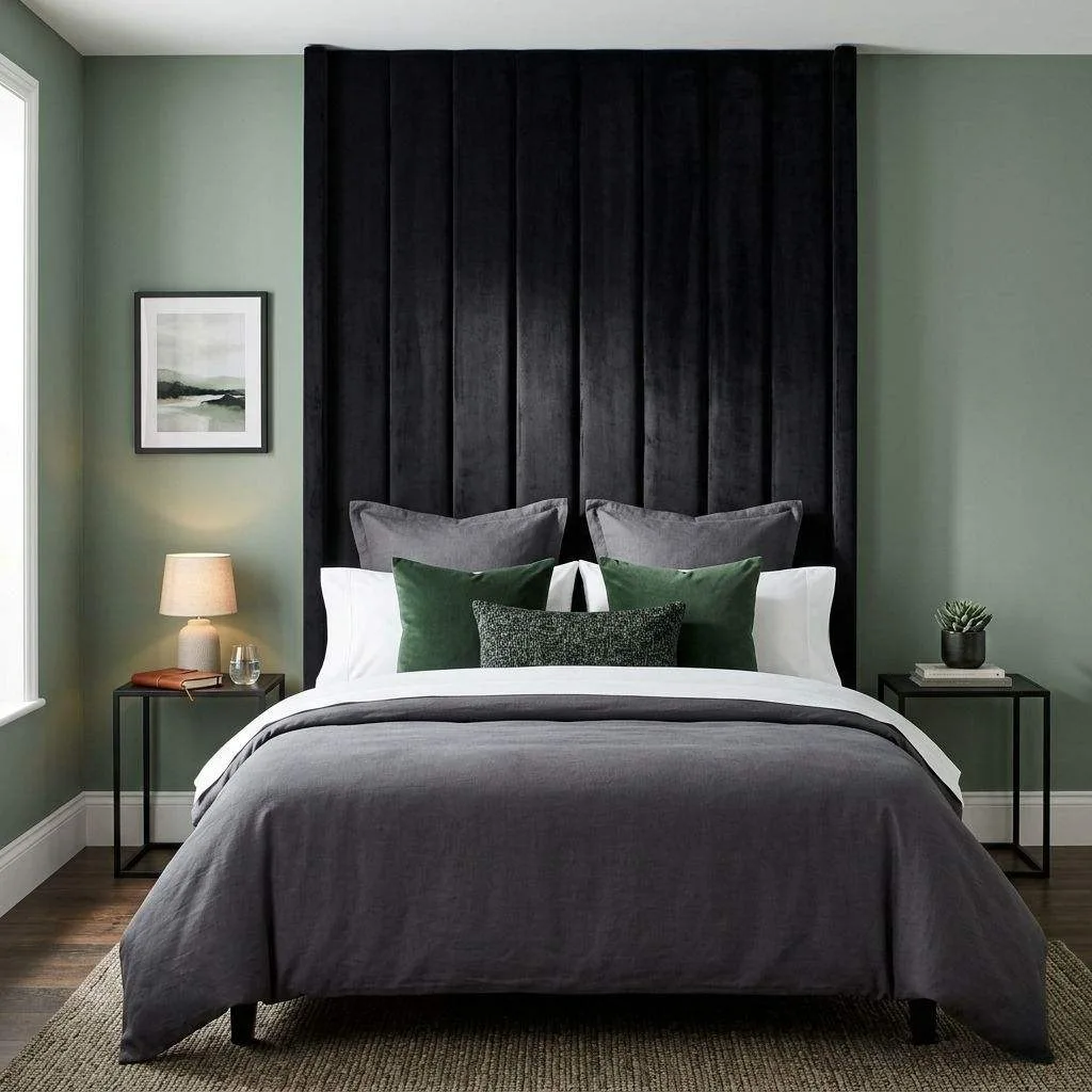 16 Green and Black Bedroom Ideas to Transform Your Space 6 Muted Green Walls with Black Velvet Headboard