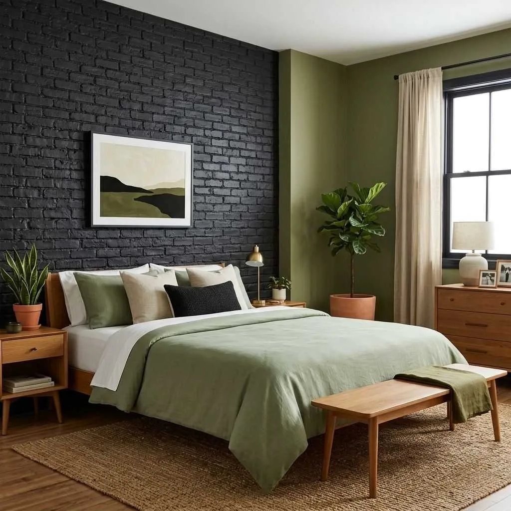 16 Green and Black Bedroom Ideas to Transform Your Space 16 Earthy Green with Black Exposed Brick