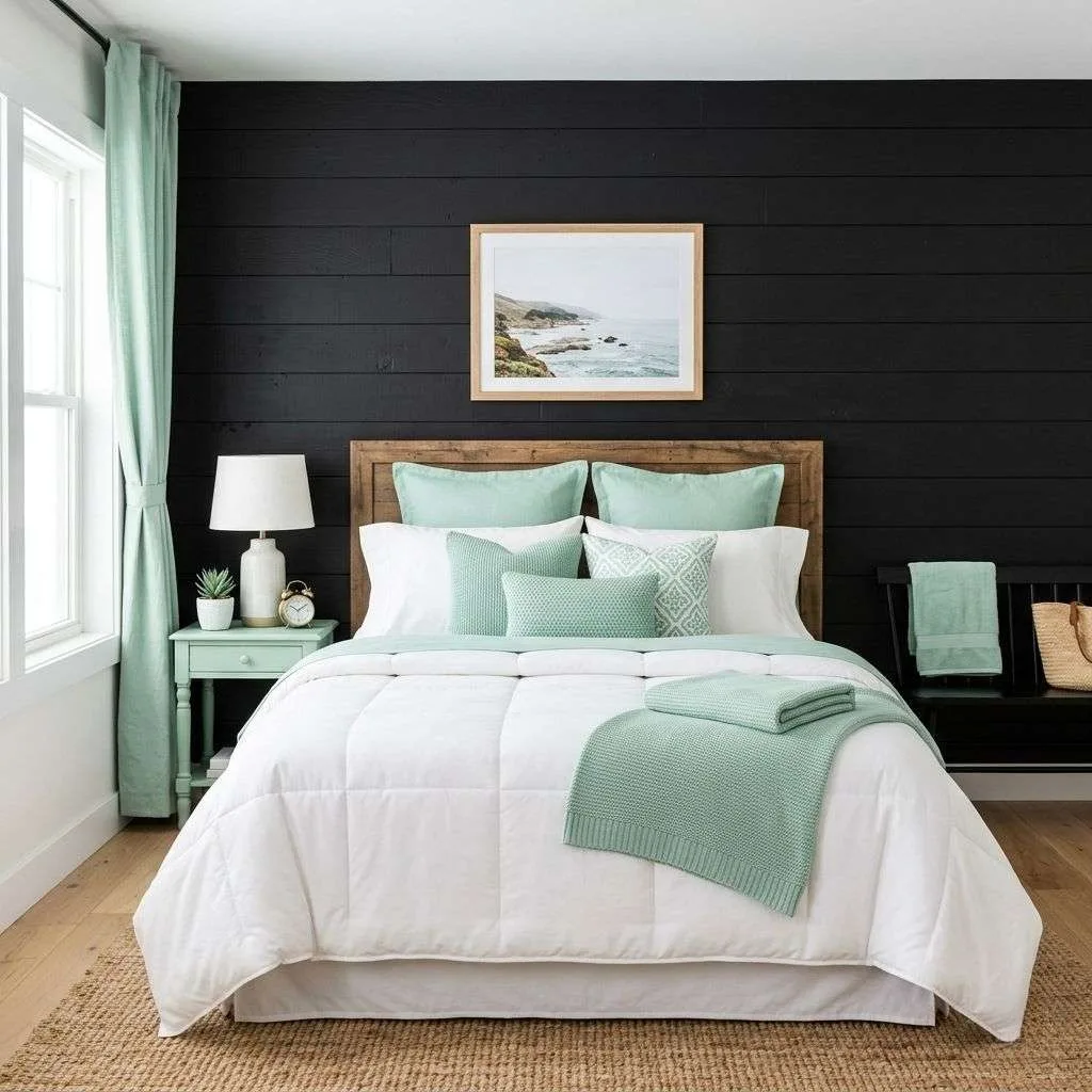 16 Green and Black Bedroom Ideas to Transform Your Space 8 Black Shiplap Wall with Mint Green Accents
