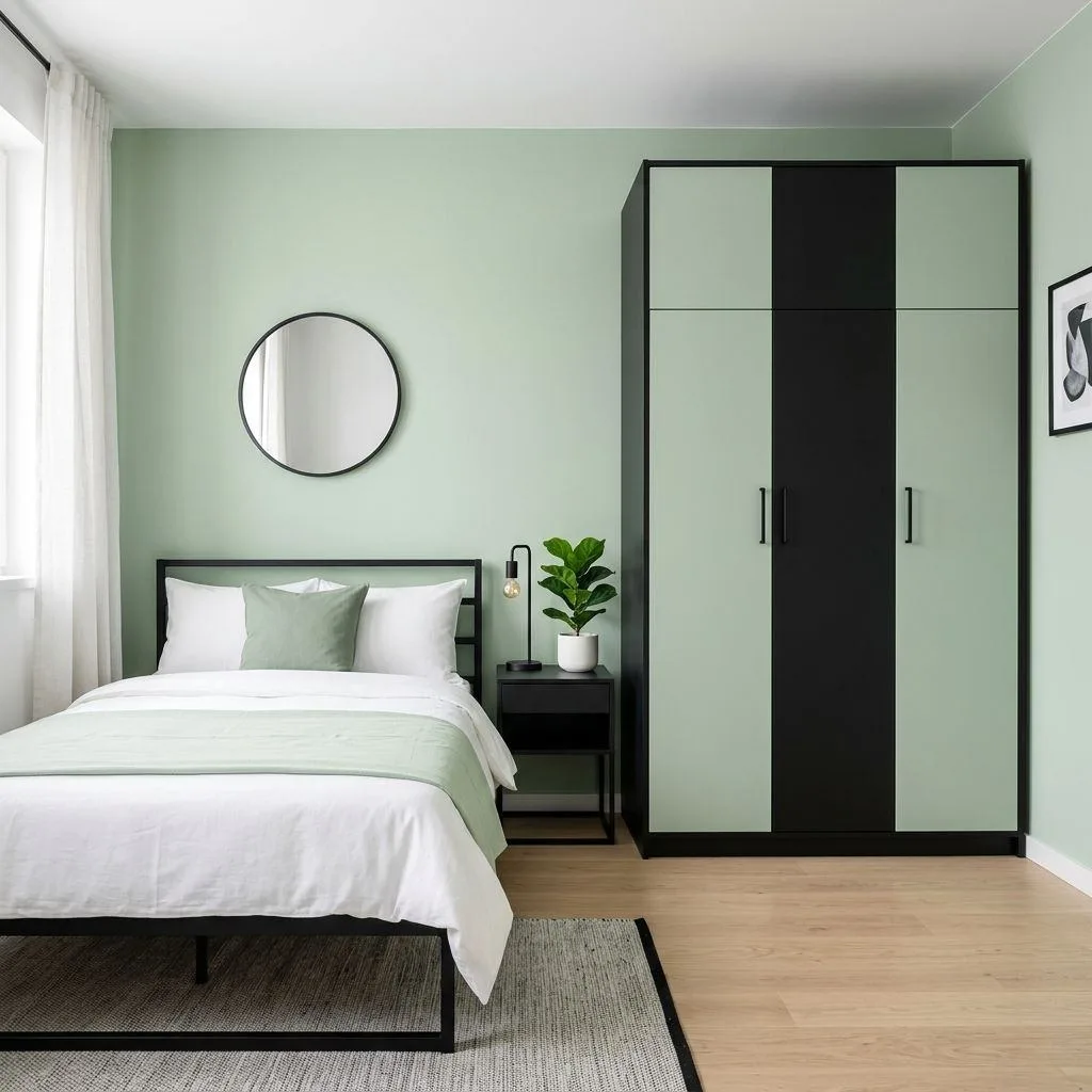 16 Green and Black Bedroom Ideas to Transform Your Space 13 Pastel Green and Matte Black Minimalist Bedroom