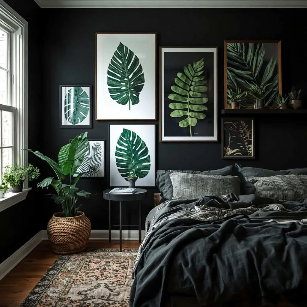 16 Green and Black Bedroom Ideas to Transform Your Space 12 Moody Black Bedroom with Green Botanical Prints