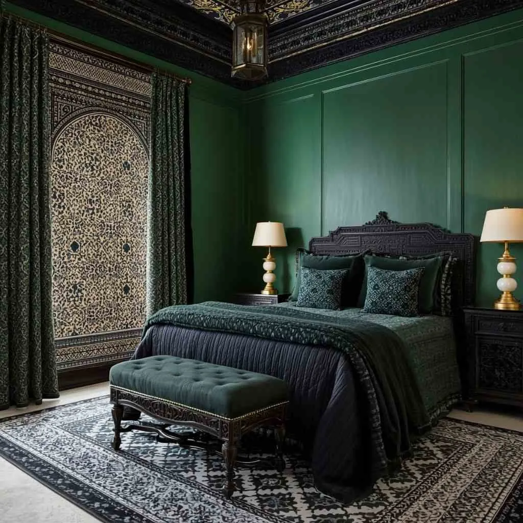 16 Green and Black Bedroom Ideas to Transform Your Space 15 Green and Black Moroccan-Inspired Bedroom
