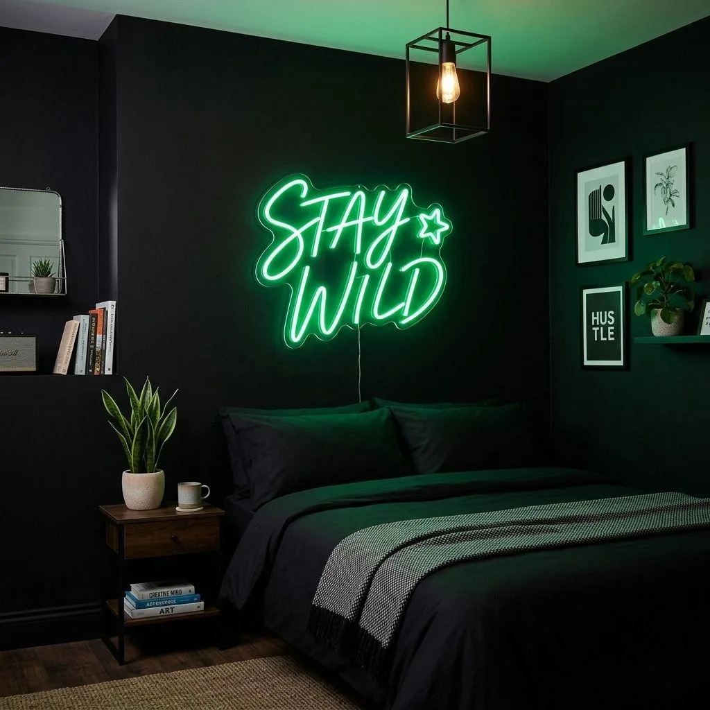 16 Green and Black Bedroom Ideas to Transform Your Space 14 Green Neon Sign Against a Black Feature Wall