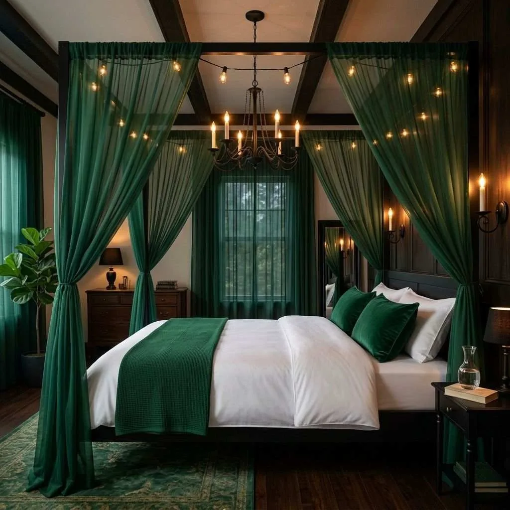 16 Green and Black Bedroom Ideas to Transform Your Space 17 Green Canopy Bed with Black Romantic Lighting
