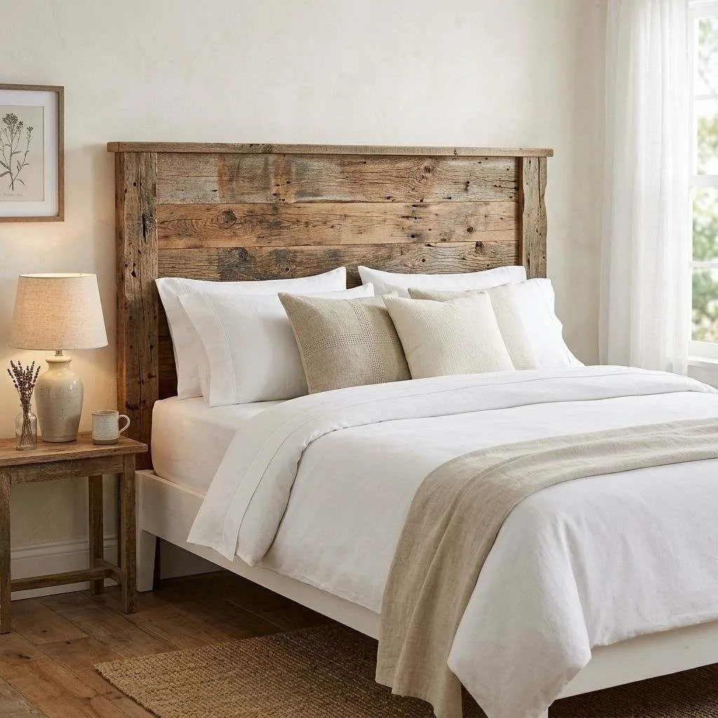 16 Farmhouse Bedroom Design Ideas to Transform Your Space 3 Reclaimed Wood Headboard for Rustic Character